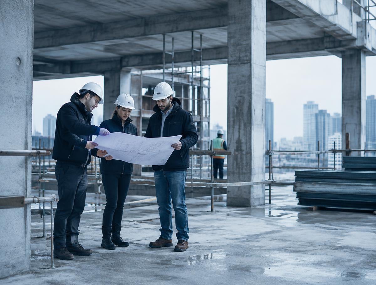 Equipe de engenharia analisando projetos em obra
