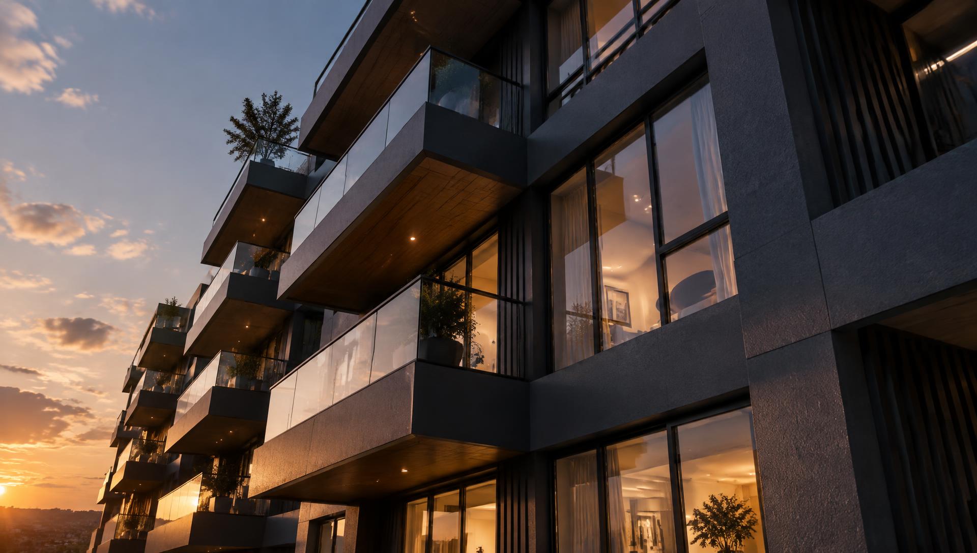 Fachada de edifício residencial moderno ao anoitecer